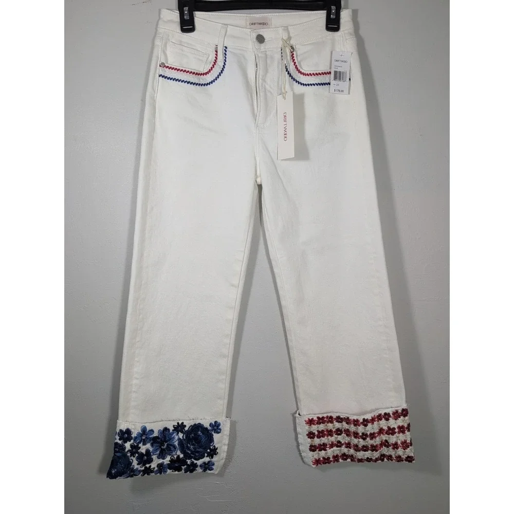 Driftwood White Jeans Womens 34 Crop Embroidered Floral High Rise Stretch Denim - Picture 2 of 12